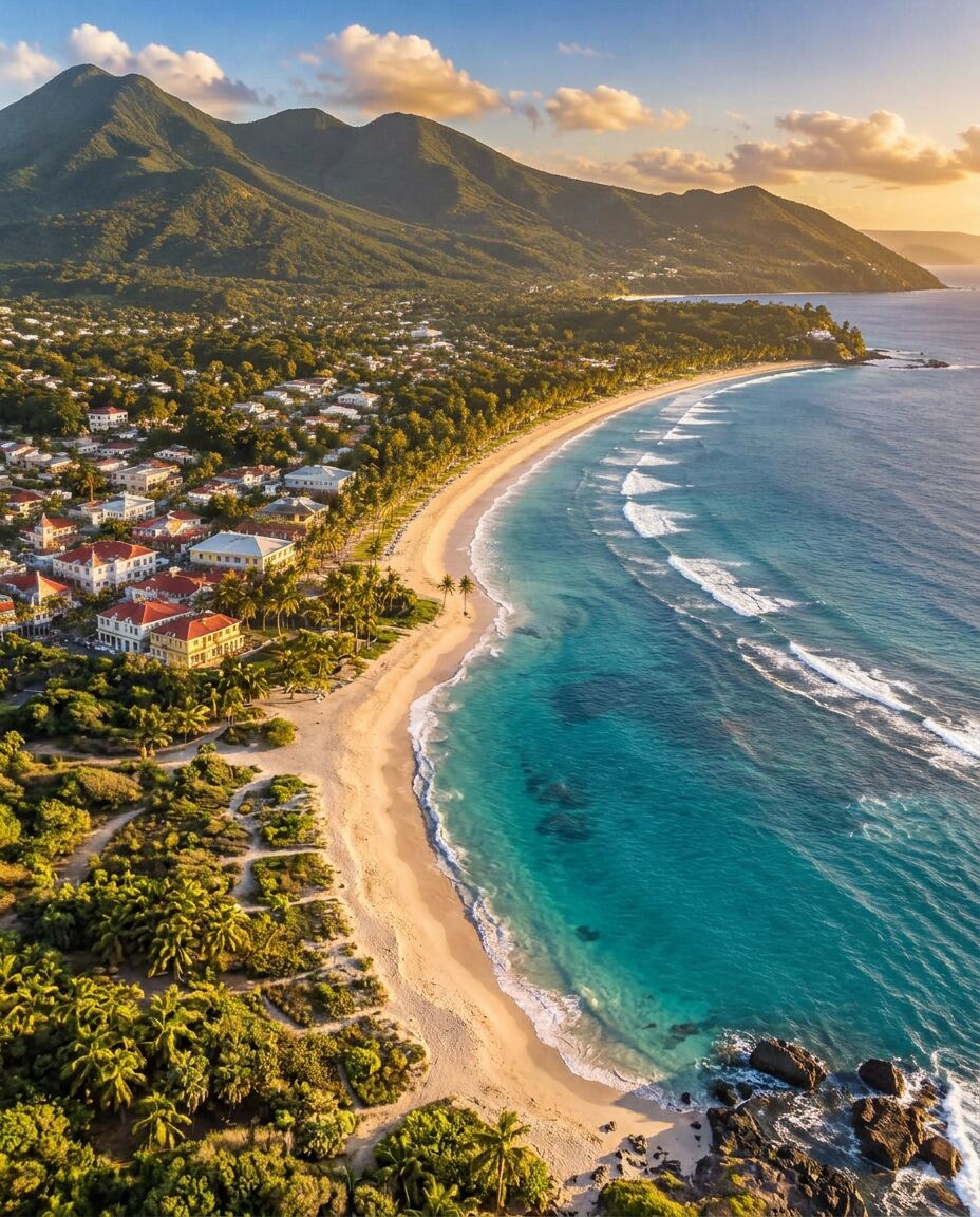 Vista aérea de la costa de Puerto Plata entre el mar Caribe y las montañas